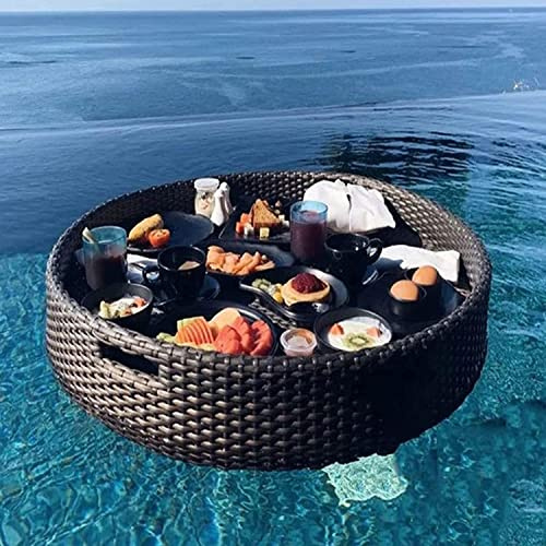 Schwimmendes Rattan-Tablett für Pool und Strand - Ovales Serviertablett für Frühstück im Außenpool - Schwarz, 60x20cm