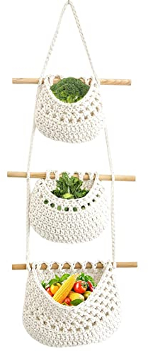 Pomrone Makramee Obstkorb, Hängend 3 Etagen Obst Hängekorb, Boho Wandbehang Aufbewahrungskorb Geflochtener Korb Hängender Blumentopf Obstkorb Wand Vase Für Landhaus Deko Böhmische Wanddeko