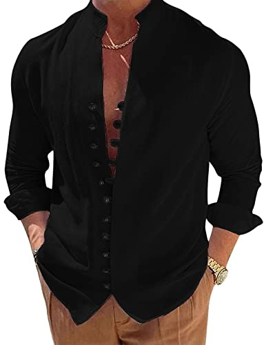 NIBESSER Camisa de Lino Hombre Manga Larga Casual Cuello Mao Color Sólido Transpirable para Vacaciones Playa