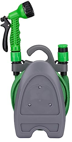 Kinzo Tubo flessibile da giardino, 10 m, con accessori e supporto per tubo da giardino, ugello con 7 modalità di spruzzo, plastica, verde/grigio