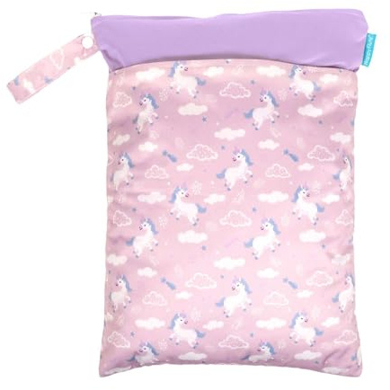 INTIRILIFE Wickeltasche wasserfester Beutel in Pink mit Einhörnern - 29 x 40 cm - Wiederverwendbare Nasstasche Windeltasche Wetbag mit Reißverschluss für Kleinkind Baby Reisen Sport