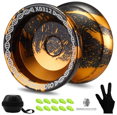 YOYOSTUDIO Yoyo Professional Responsive Yoyo X0312 for Kids Beginner, Dual Purpose Fingerspin Yo yo for Adults with Unresponsive Yoyos Bearing Kit, 10 Yo-Yo Strings, Case & Glove - Black and Gold