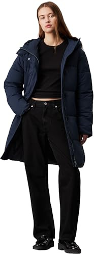 Calvin Klein Damen Mantel Logo Belt Long Puffer mit Gürtel, Blau (Ink), XS