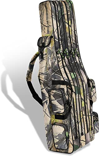 normani Rutentasche Rod Case Angelkoffer Futteral mit 2, 3 oder 4 Ruten-Fächern, Verschiedene Längen wählbar - stark wasserabweisender Fishing Rucksack Green Camo 4 Innenfächer 150 cm