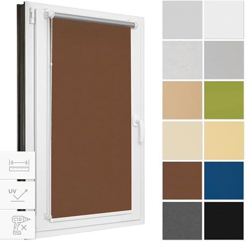 Estika Verdunklungsrollo ohne Bohren, Breite alle 1 cm - 70 cm x 120 cm - Braun - Thermorollo, Rollos für Fenster ohne Bohren, Sonnenschutz Fenster innen
