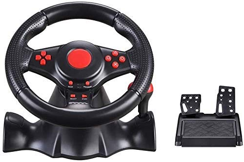SilteD Volant de Jeu pour PC, Volants de simulateur de Course avec 2 pédales, Retour de Vibration, poignée antidérapante à Couronne pivotante, Angle de Rotation de 180 °, adapté pour PS2, PS3/PC
