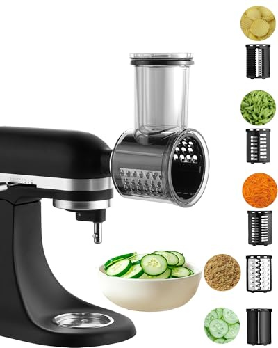 HOMGEN Schneidemaschine Zerkleinereraufsatz für KitchenAid Standmixer Käsereibe Aufsatz Edelstahl Salatmaschine Zubehör Zerkleinerungspulver Gemüseschneider mit 5 abnehmbaren Klingen
