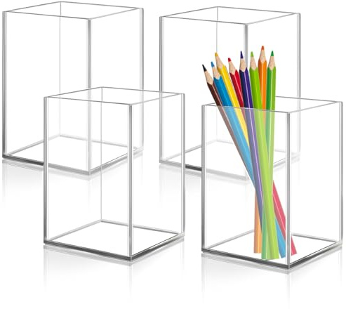 Mgood Stiftehalter Acryl Transparent Quadratisch Stifteköcher | 4 Stück, Schreibtisch Organizer, Pinselhalter Kosmetik, für Kugelschreiber, Pinsel, Büro, Zuhause, Schminktisch, Schule
