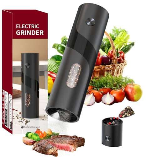 CIRCLE JOY Electric Pepper Mill Top-Refill Battery Operated Pepper Grinder with 120ml Capacity, Adjustable Coarseness and White LED Light, Black