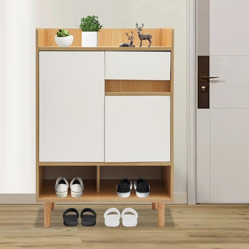WindWilder Schuhschrank Schmal, Schuhschrank mit 2 Türen, Schuhkipper mit 1 Schublade, Trennwand verstellbar, Shoe Canibet für Flur Wohnzimmer, 60x32x90cm (Weiß + Kirschholz-Farbe)