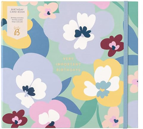 Busy B flerfärgad blommig födelsedagskort bok – 13 förvaringsfickfil för förvaring av gratulationskort med födelsedags- och jubileumspåminnelser och jubileumsdiagram – FSC-certifierad – mått 21 x 23