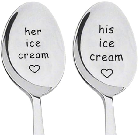 2 Pieces Ice Cream Engraved Spoons His & Hers Couple Gift Idea Anniversary Wedding Valentines Wife Husband Boyfriend Girlfriend Engagement Stainless Steel Coffee Tea Dessert Silverware