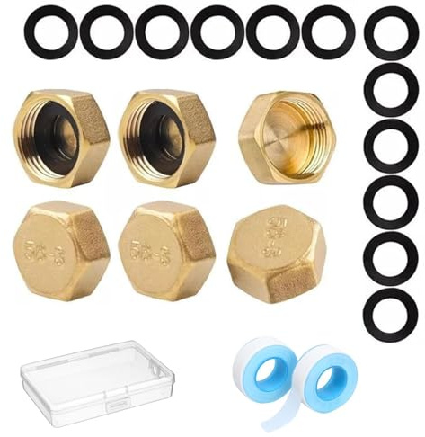 6PCS 3/8 inch Brass Blanking Cap, Female Hex Brass Blanking Nut with Washers Leak Proof Hex Blanking Stop Cap with Storage Box for Washing Machine Tap Angle Valve Faucets Tap