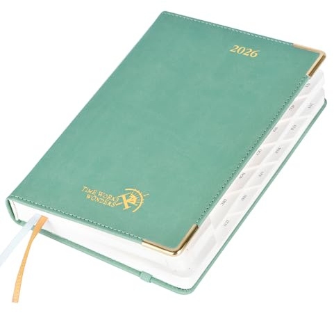 POPRUN Tagesplaner 2026 (A5-Größe 14,6 x 21,6 cm), eine Seite pro Tag mit veganem Leder-Hardcover – Agenda 2026 (Jan-Dez), Seite pro Tag, Kalenderbuch mit monatlichen Registern, Pocket TJ-Midnight