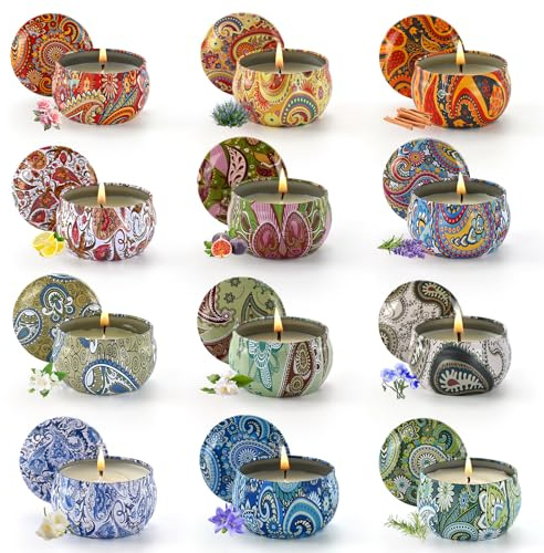Obisesio Set Candele Profumate in Latta Decorativa - 12 Candele in Cera Naturale, Aromaterapia Relax, Scatole Colorate Riutilizzabili, Regalo Donna, Bomboniere Compleanno, Oggetti Decorativi Casa
