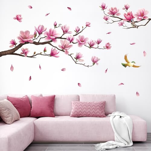 SHUCHING Wandtattoo Rosa Blumen Magnolie | Wandsticker Magnolienzweig, Selbstklebend Wandaufkleber für Wohnzimmer Schlafzimmer Erwachsene