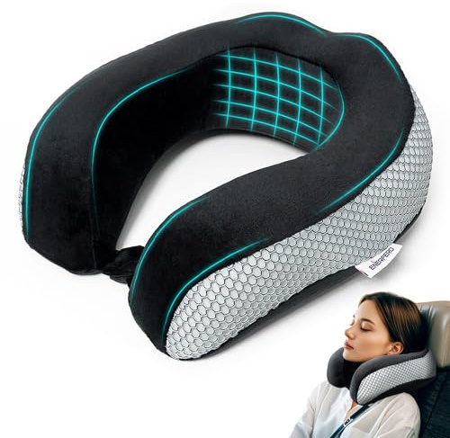 Enerfero Almohada Cervical de Viaje Oficina, avión, Tren o Coche. Almohada de Espuma viscoelástica con cordón Ajustable (Gris, Malla)