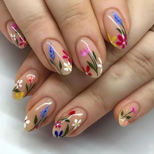 GlamRays Almond Spring Ongles Artificiels Fleurs Colorées Ongles Faux Finition Brillante Acrylique Pressions avec Designs Floraux Manucure Douce Fleurs Ensemble d'Ongles 24 Pièces