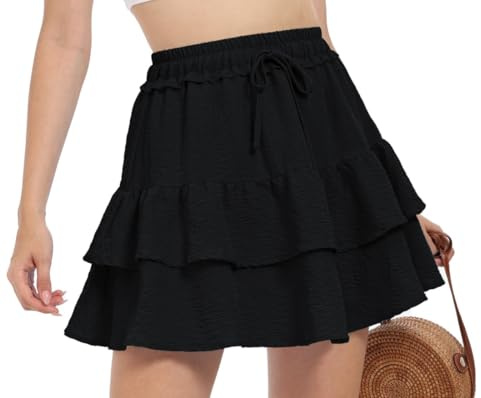 PrinStory Minirock Damen Hochtaillierter Rüsche Rock Sommer Freizeit A-Linie Minirock Cupcake Rock Mit Kordelzug (Schwarz, L)