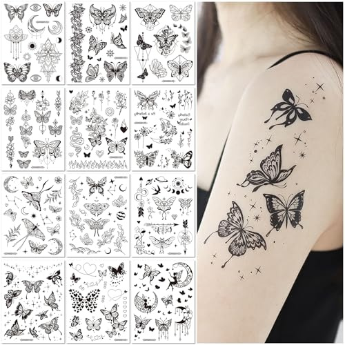 12 Láminas Calcomanías de Tatuaje Temporal Mariposa Negra Diseño Sexy para Mano Brazo Pecho Impermeables Falsos Tatuajes para Mujeres Fiesta Festival