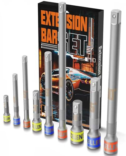 Faxdrts Jeu de 9 Rallonges, 1/4 3/8 1/2 pour Clés à Cliquet Douille | Fabriqué en acier allié haute résistance, anti-corrosion anti-usure, sans déformation sous forte torsion, longue durée de vie