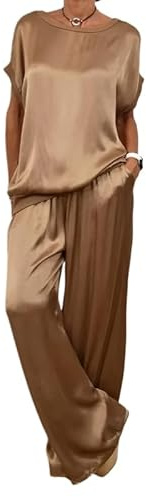 LCDIUDIU Completo Due Pezzi Pantaloni Donna Estate, Beige, Maglia Girocollo In Raso Di Seta, Top Con Elastico In Vita, Pantaloni A Gamba Larga, Coordinati, Outfit per Il Tempo Libero Quotidiano, Mar