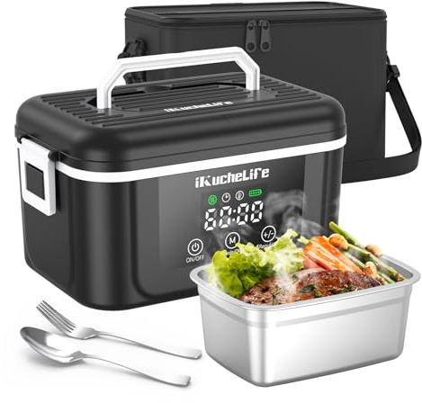 ikuchelife Elektrische Lunchbox Erwachsene mit Akku, 1200ML Beheizbare Lunchbox mit Edelstahlbesteck,Touchscreen und Isolierter Lunchbeutel, Auslaufsicher für Baustellen, Autos und Büros