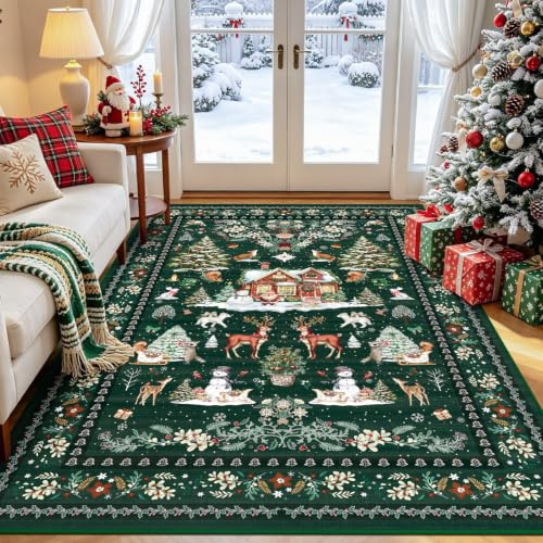 GEANUP WeihnachtenTeppich Wohnzimmer 120x180cm, Waschbar rutschfest Weihnachtsteppich, Grün Schneemann Baum Weicher Kurzflor Teppiche Weihnachten für Schlafzimmer Küche Esszimmer Kinderzimmer