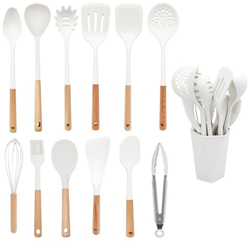 Silikon-Küchenutensilien-Set,12 Stück Küchenutensilien-Set,Antikleber-Hitzebeständiger Holzgriff Kochbesteck mit Geschirrhalter, Silikon-Spatel-Geschirr-Set, Geschirrspüler Safe.(Beige 12 Pcs)