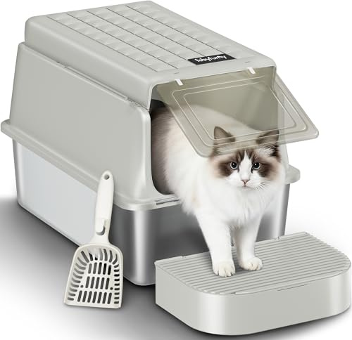 Fobyfurny Katzenklo Edelstahl, XXL Metall Katzentoiletten, Cremegrau | Geschlossene Katzenklo Groß, mit Schaufel und Fußstufe, 120° Klappdeckel, Leicht zu Reinigen, 60x40x38,5cm FPLB001SG1