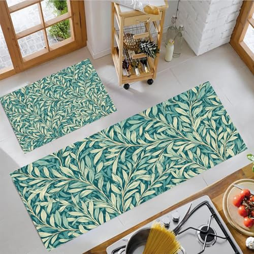 MLSOWM Set di Tappetini da Cucina Foglie Di Salice, Assorbenti d'acqua, Tappeti Stile Pastorale Rurale Antiscivolo Durevoli per Cucina, Lavanderia, Camera da Letto, 40x60cm+40x120cm, Blu-Verde