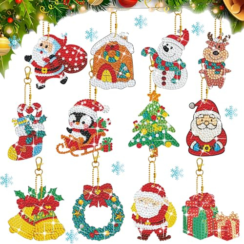 12 Pieces Diamond Painting Pendant Christmas Diamond Painting Key Ring DIY Set, 5D Double-Sided Diamond Painting Keychain, Creative Set for Children Adults Crafts Christmas Tree Decoration