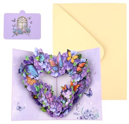 Pop Up Grußkarte, Lila 3D Blumen Schmetterlinge Herz Karte mit Umschlag & Notizkarte für Mama Ehefrau Schwester Oma Tante Tochter Perfekt für Geburtstag Jubiläum Valentinstag Hochzeit