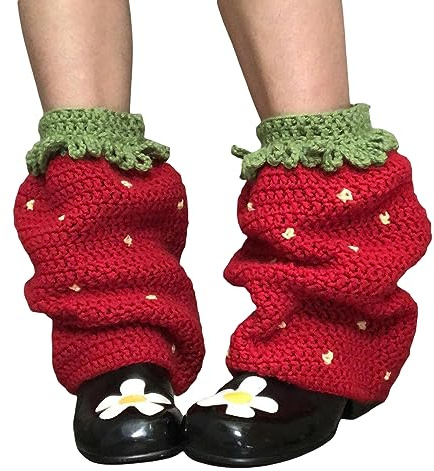 FeMereina Damen Beinstulpen Y2K Erdbeere Beinwärmer Kawaii Häkelarbeit Stiefel Manschetten Harajuku Beinstulpen