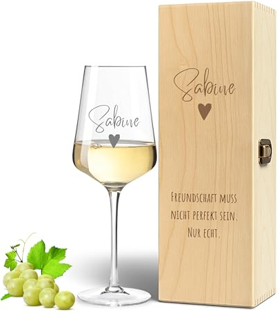 VILLA ROSA LOTTA - Leonardo Puccini weinglas personalisiert mit Holzkiste, Geschenk für Freundin zum Geburtstag, Hochwertige Lasergravur auf Weinglas als Geburtstagsgeschenk oder Weihnachten