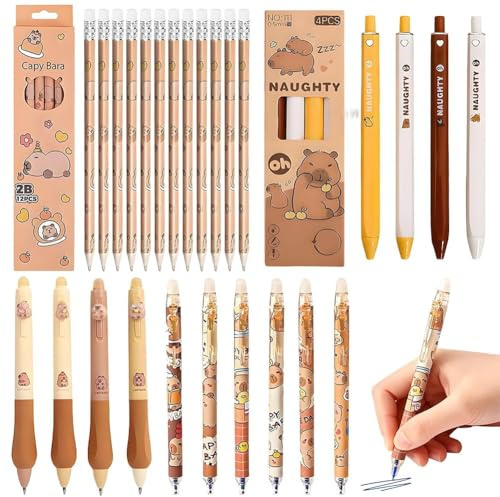 Set di Scrittura Multifunzione Capybara, 12 Matite 2B, 10 Penne Cancellabili Blu Cristallo e 4 Penne Nere a Pulsante, Perfetto per la Scuola, Gli Esami, il Lavoro in Ufficio e la Vita Quotidiana