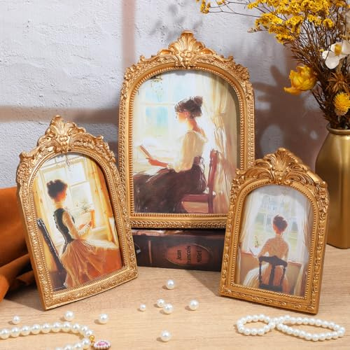 Tobeelec 3 Pcs Vintage Picture Frames Antique Set Baroque Ornate Gold Arched Photo Frames with Glass Front for 4x6, 5x7, 6x8, Tabletop or Wall for Home Decor Photography Props Gifts (Retro)