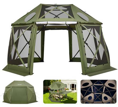VEVOR Tente Moustiquaire Tonnelle Pop-up 3,96x3,96 m Tente Moustiquaire Pliante 10-12 Personnes 13 Côtés Abri Solaire pour Camping Famille, Terrasse, Jardin, avec Toit Amovible, Sac de Transport, Vert