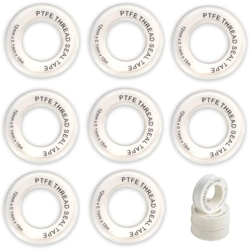 Haoyic 8 Pcs Plumbers Tape, Teflon Plumbing Tape, Ptfe Seal Tapes for Water to Stop Leaks, For Leakage of Pipes, Shower Head and Sewers12mm X 15m(With Snap on Cover in White)