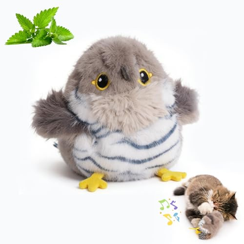 Auveach Uccellino Volante per Gatti 2026 Flappy Bird Cat Toy 3 Modalità USB Ricaricabile Giocattolo Cinguettante Interattivo con Erba Gatta Giochi per Gatti in Casa (Non Vola, Grigio)