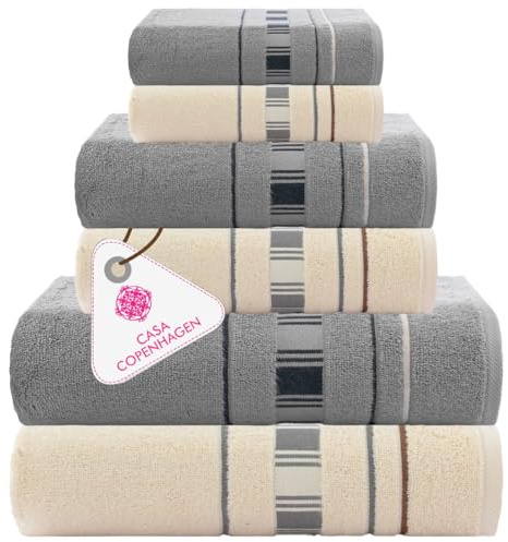 CASA COPENHAGEN X Lines Set di 6 salviette in cotone egiziano da 600 g/m² per hotel, spa, cucine e bagni, composto da 2 teli da bagno, 2 per le mani e 2 salviette per il viso- Crema grigio