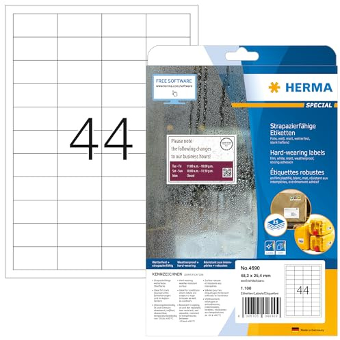 HERMA 4690 Wetterfeste Folienetiketten, 25 Blatt, 48,3 x 25,4 mm, 44 pro A4 Bogen, 1100 Stück, selbstklebend, bedruckbar, matt, blanko Klebeetiketten Aufkleber aus Folie, weiß