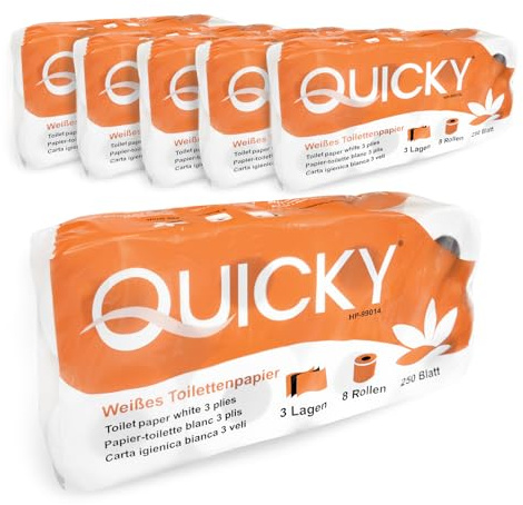 Quicky Toilettenpapier motivgeprägt | 48 Rollen Klopapier, Vorratspack | extra weich und reißfest | aus hochwertigem super weißem Zellstoff | 3-lagig, 250 Blatt | (6 x 8 Rollen)