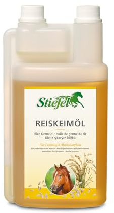 Stiefel Reiskeimöl für Pferde, hochwertiges 100% naturreines Öl, kann den Muskelaufbau & die Leistungsbereitschaft unterstützen, flüssig mit Dosierflasche, 1l