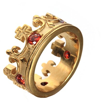 HIJONES Homme Acier Inoxydable pour Rétro Élégant Couronne en Forme Incrustation De Pierres Précieuses Rouge Bague Or Taille 57