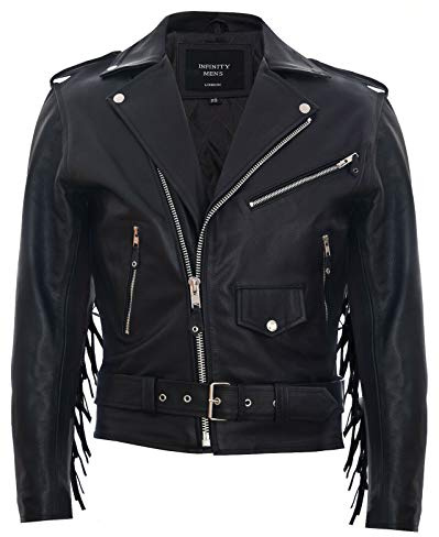 Herr Fringe Hide Leather Brando Tofsad Motorcykeljacka Retro Biker, Svart, 4XL