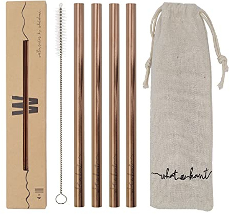 Whatakant Wellenreiter Kupferstrohhalme | 4er Set in Kupfer | nachhaltige Strohhalme mit Baumwollsäckchen und Reinigungsbürste | wiederwendbar und to go Trinkhalme | 15,5 cm Länge