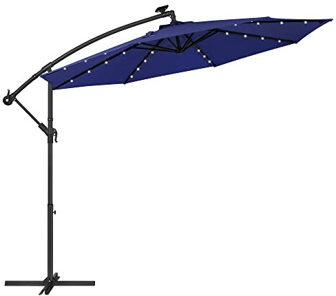 SONGMICS Sonnenschirm mit LED-Solar-Beleuchtung, Ampelschirm, Gartenschirm, 32 LED-Lämpchen, Ø 3 m, mit Ständer, UV-Schutz bis UPF 50+, mit Kurbel, für Garten, Terrasse, Marineblau GPU018L01