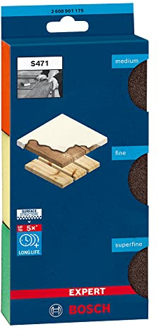Bosch 3X EXPERT S471 Standard Schleifschwämme (für Farbe auf Holz, Weichholz, Ø 69 x 97 x 26 mm, Mittel/Fein/Superfein, Professional Zubehör Handschleifen)