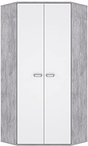 FORTE EMILY Eckschrank 80 90, Eckkleiderschrank, Kinderzimmerschrank, Drehtürenschrank mit 2-türig, Einlegeböden und Kleiderstange, Weiß / Betonoptik Grau, 84 cm breit x 188 cm hoch x 84 cm tief